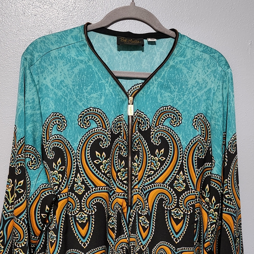 BOB MACKIE Womens Zip Tunic Top Plus Size 2X Turquoise Black Artwear - Picture 3 of 13